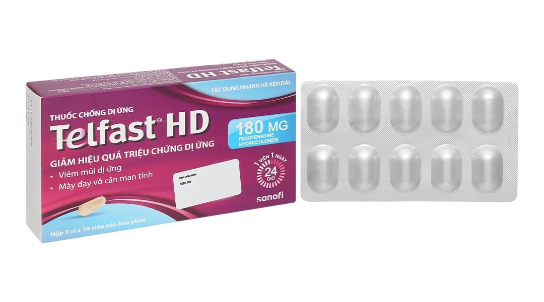 Telfast HD 180mg trị viêm mũi dị ứng, mề đay vô căn mạn tính (3 vỉ x 10 viên) - 