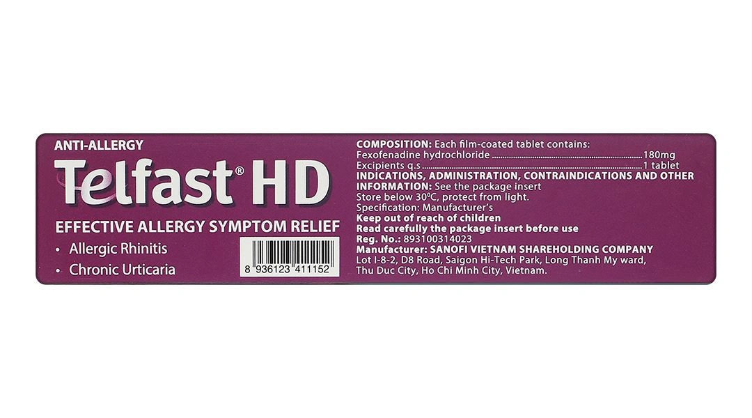 Telfast HD 180mg trị viêm mũi dị ứng, mề đay vô căn mạn tính (3 vỉ x 10 viên) - 3