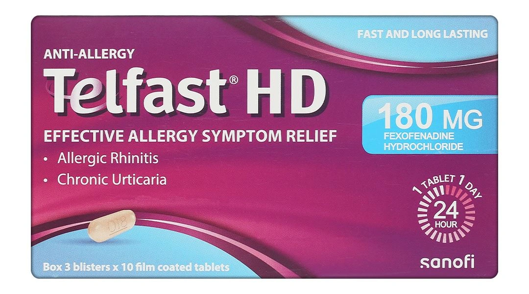 Telfast HD 180mg trị viêm mũi dị ứng, mề đay vô căn mạn tính (3 vỉ x 10 viên) - 1