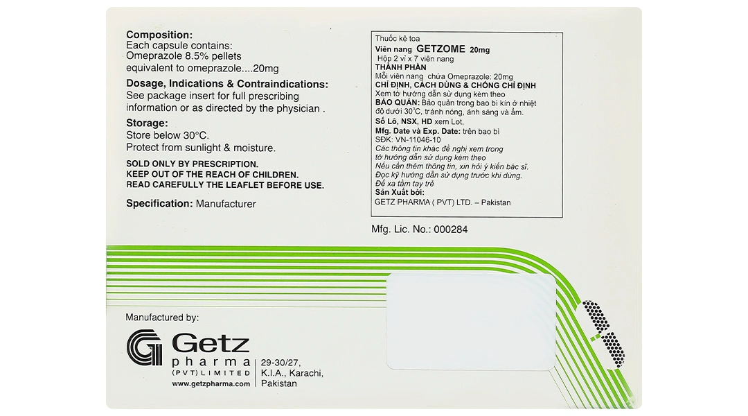 Getzome 20 điều trị loét dạ dày, tá tràng (2 vỉ x 7 viên) - 2