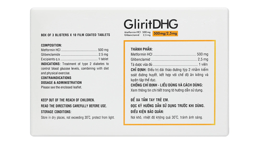 GliritDHG 500mg/2.5mg điều trị đái tháo đường tuýp 2 (3 vỉ x 10 viên) - 1