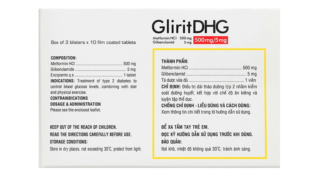 GliritDHG 500mg/5mg điều trị đái tháo đường tuýp 2 (3 vỉ x 10 viên) - 1