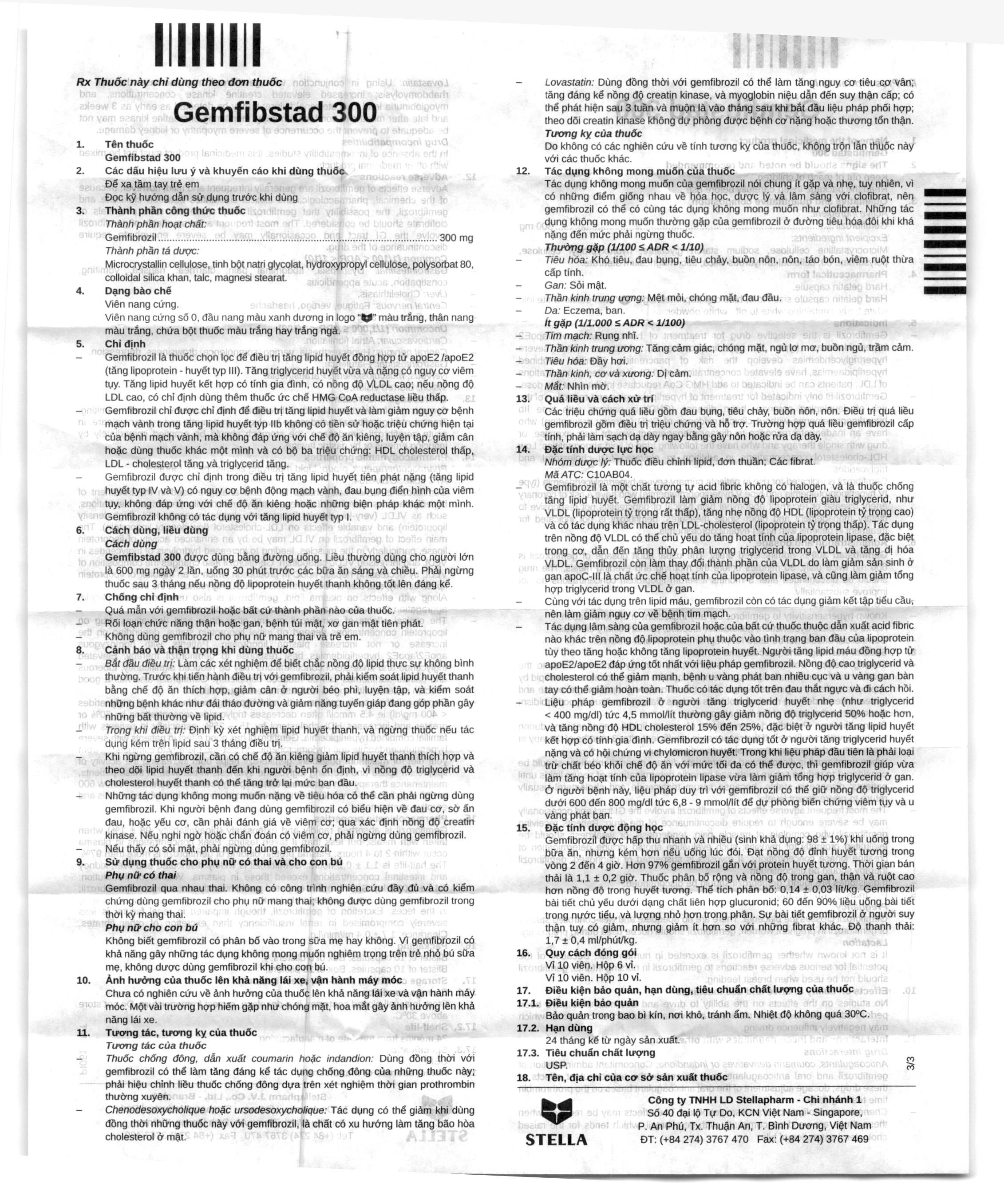 Gemfibstad 300 điều trị tăng lipid huyết (10 vỉ x 10 viên) - 2