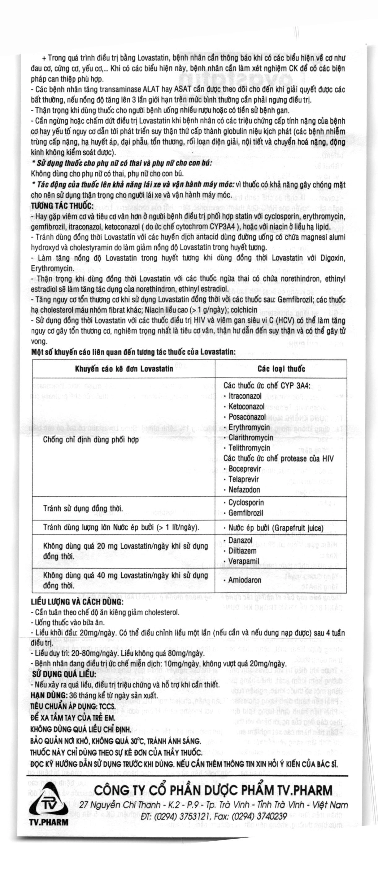 Lovastatin TV Pharm 20mg phòng ngừa biến cố tim mạch, rối loạn lipid (3 vỉ x 10 viên) - 6