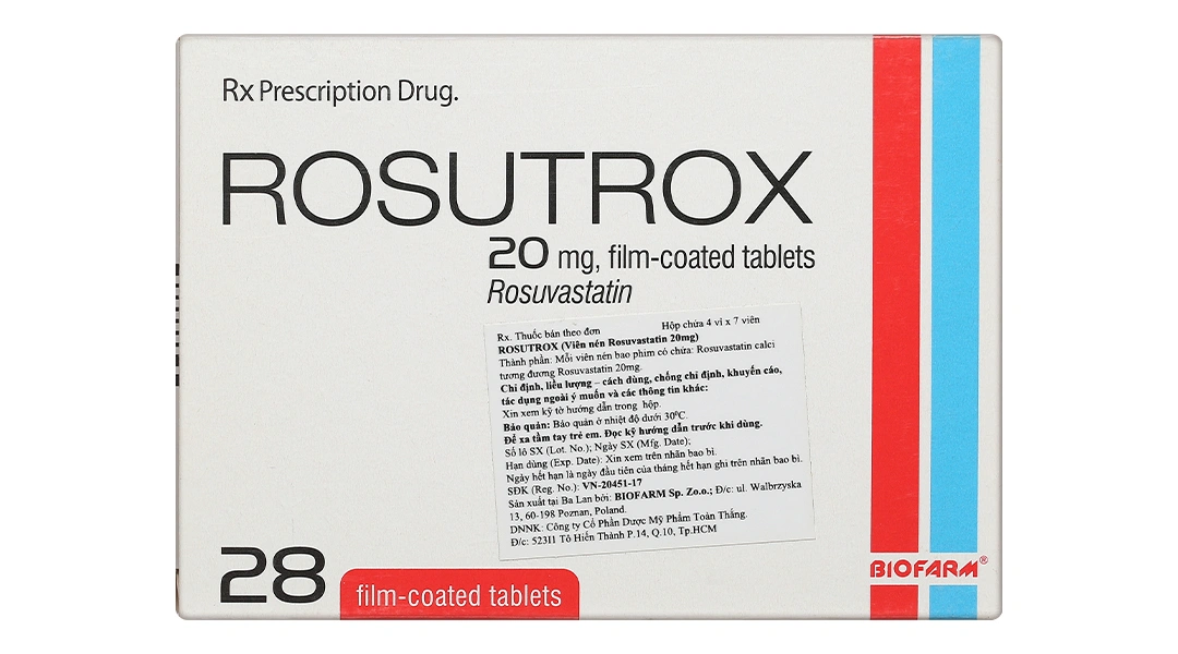 Rosutrox 20mg điều trị rối loạn lipid máu, phòng ngừa biến cố tim mạch (4 vỉ x 7 viên) - 1