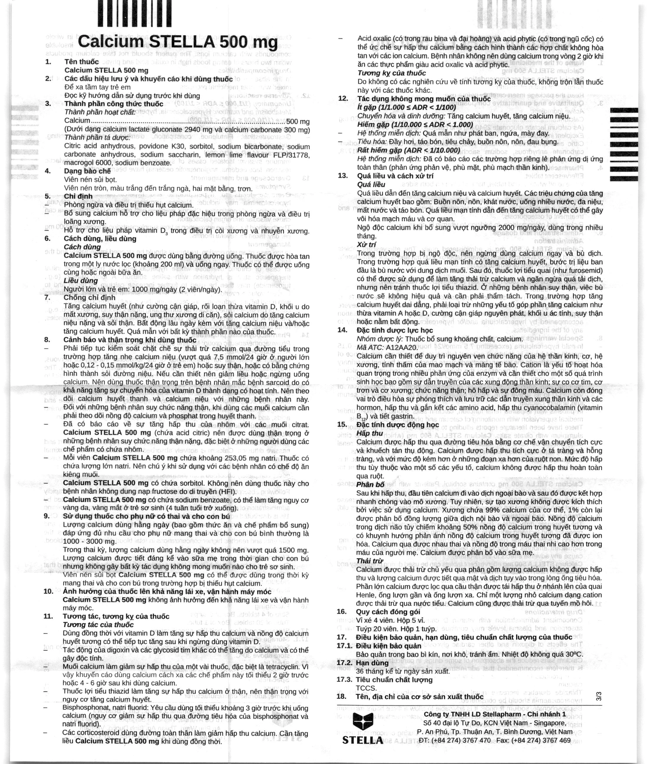 Viên nén sủi bọt Calcium Stella 500mg bổ sung calci, trị loãng xương tuýp 20 viên - 7