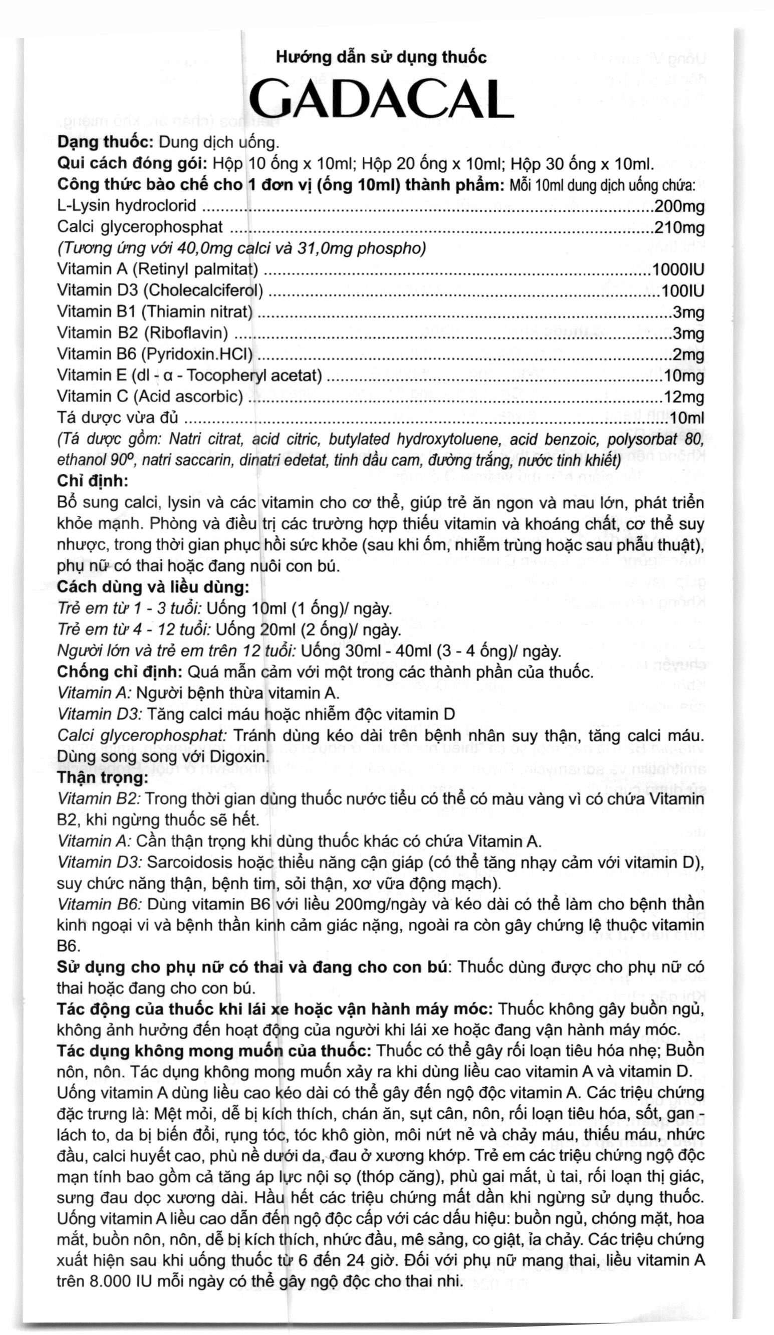 Dung dịch uống Gadacal bổ sung calci, lysin và các vitamin cho cơ thể (20 ống x 10ml) - 3