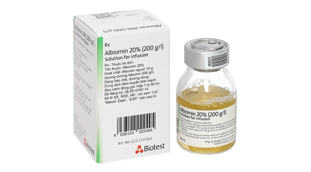 Dịch truyền tĩnh mạch Albiomin 20% Biotest trị sốc giảm thể tích máu (1 chai x 50ml) - 