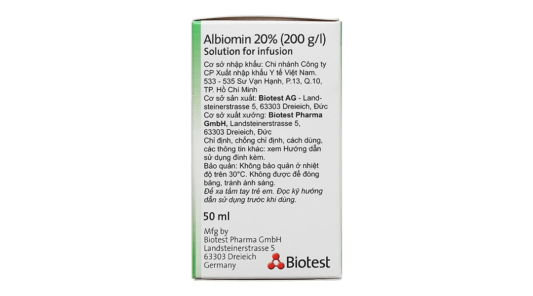 Dịch truyền tĩnh mạch Albiomin 20% Biotest trị sốc giảm thể tích máu (1 chai x 50ml) - 2