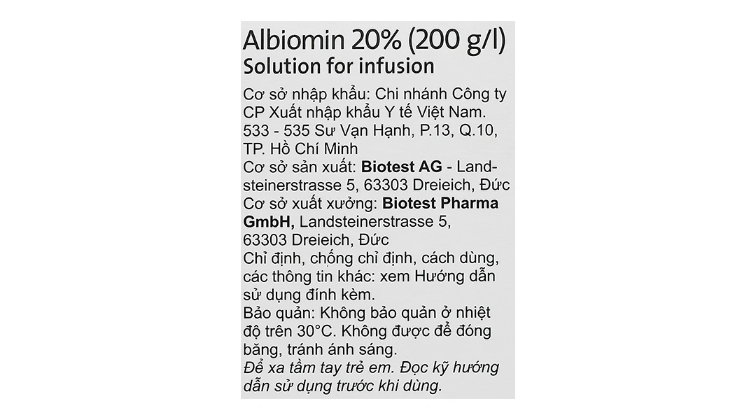 Dịch truyền tĩnh mạch Albiomin 20% Biotest trị sốc giảm thể tích máu (1 chai x 50ml) - 5