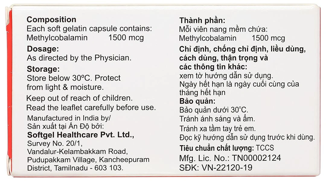 Methylcobalamin Capsules 1500mcg điều trị bệnh lý thần kinh ngoại biên (3 vỉ x 10 viên) - 2