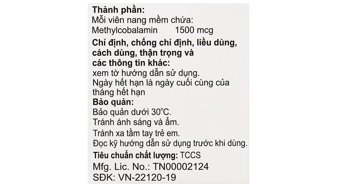 Methylcobalamin Capsules 1500mcg điều trị bệnh lý thần kinh ngoại biên (3 vỉ x 10 viên) - 7