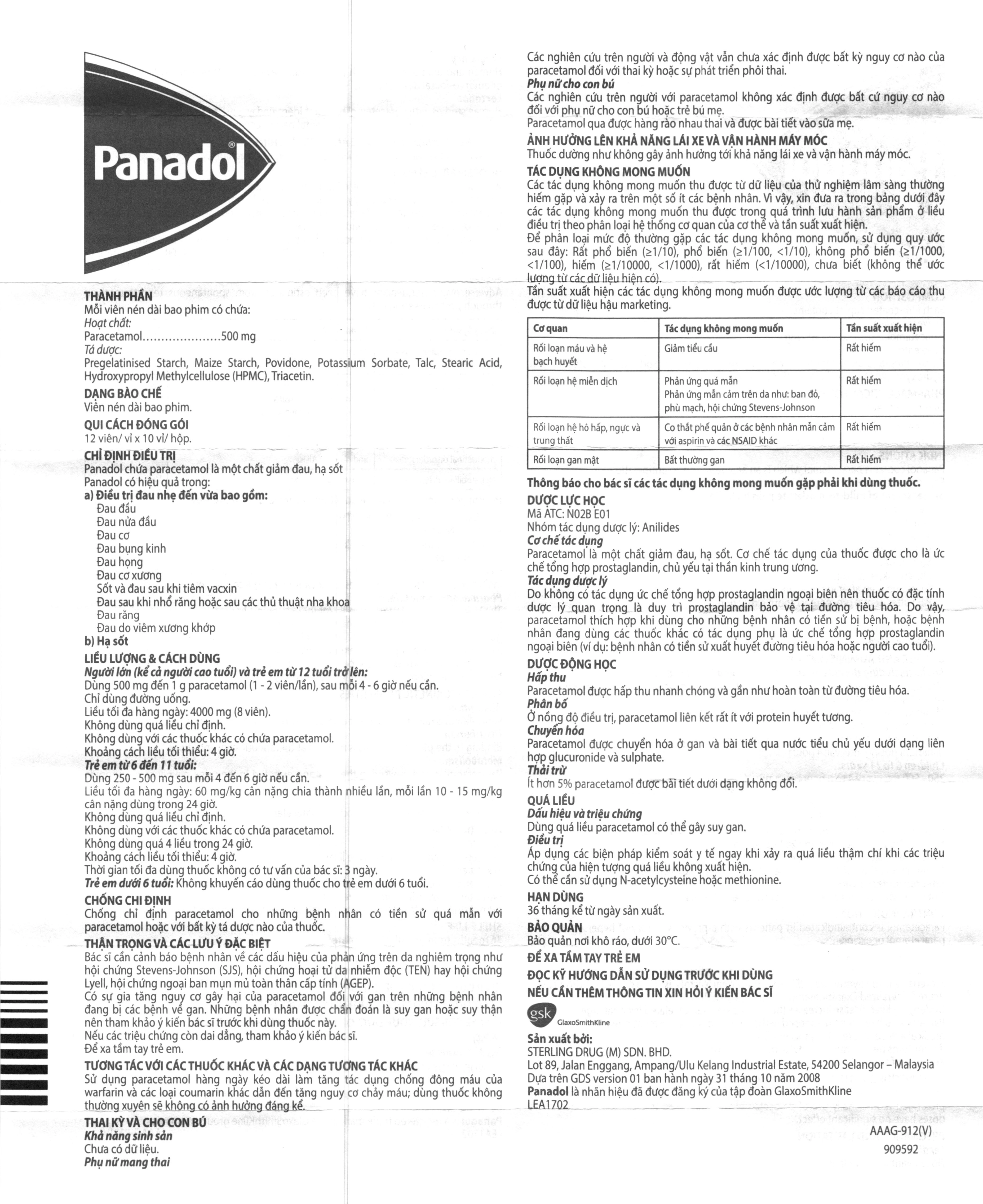 Panadol 500mg giảm đau, hạ sốt (10 vỉ x 12 viên) - 5