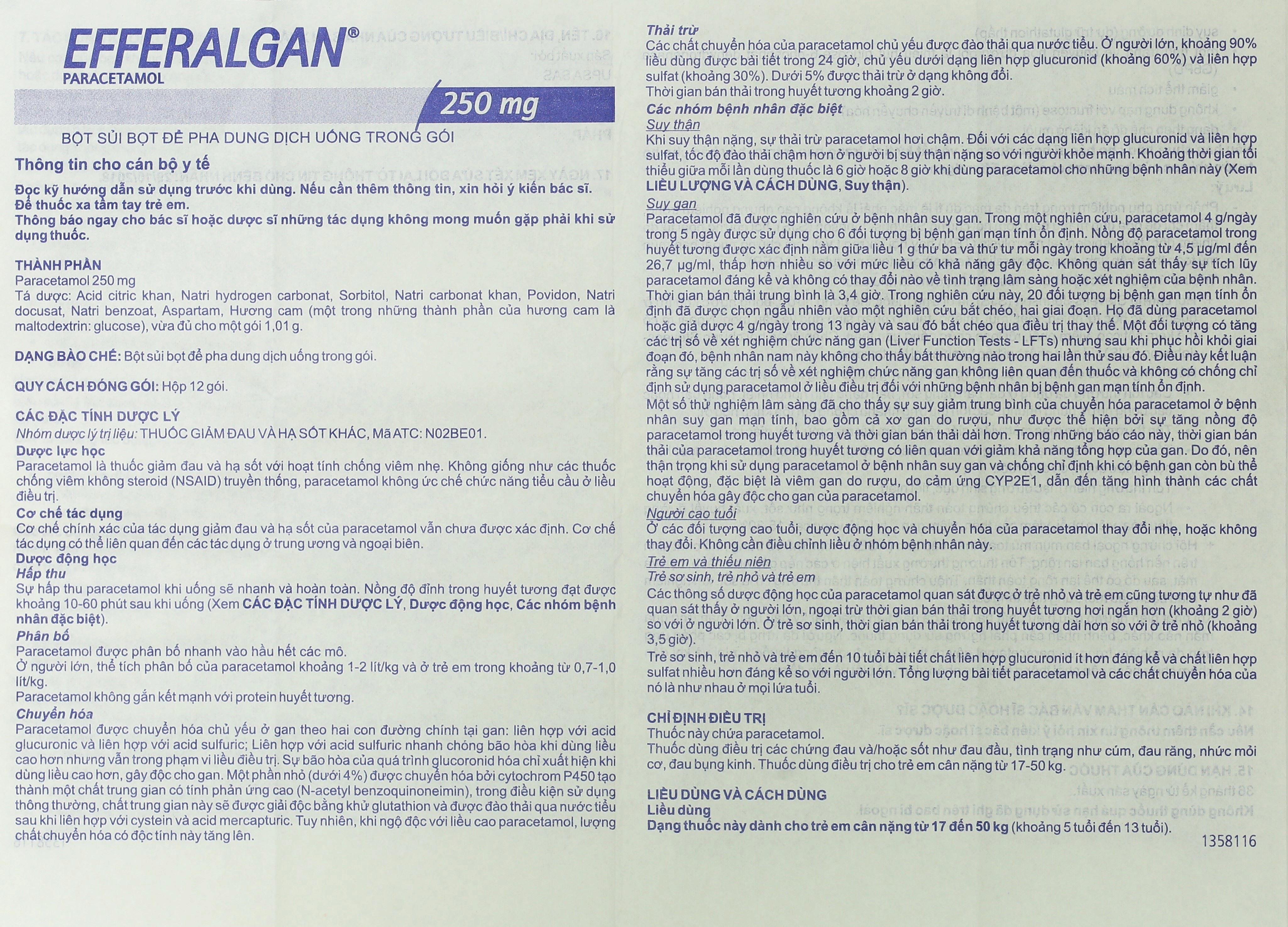 Bột sủi Efferalgan 250mg giảm đau, hạ sốt (12 gói x 1.01g) - 8