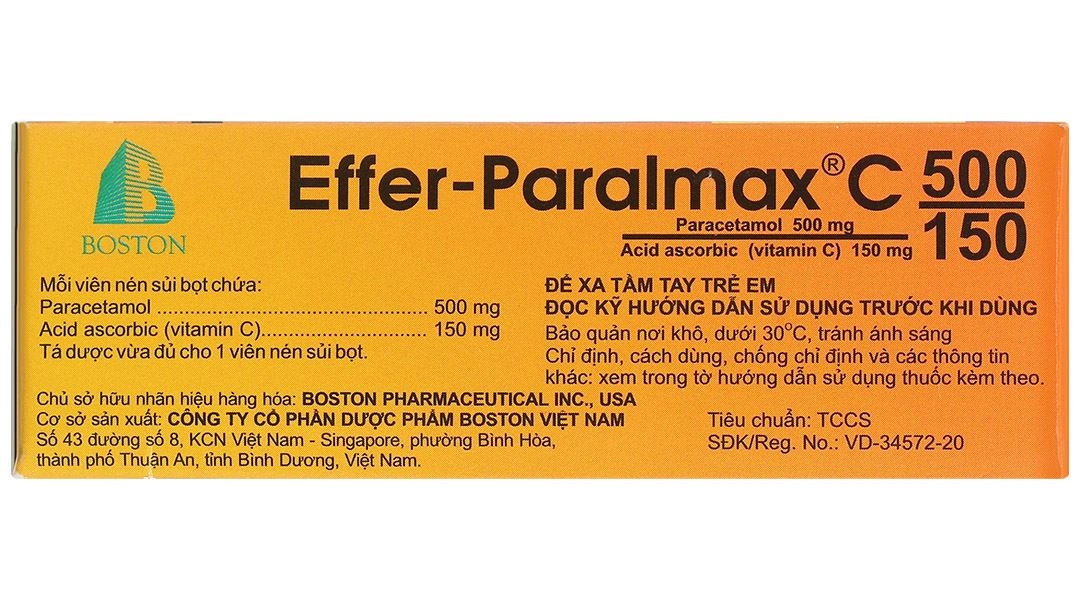 Viên nén sủi Effer-Paralmax C 500/150 Boston giúp giảm đau, hạ sốt (5 vỉ x 4 viên) - 3