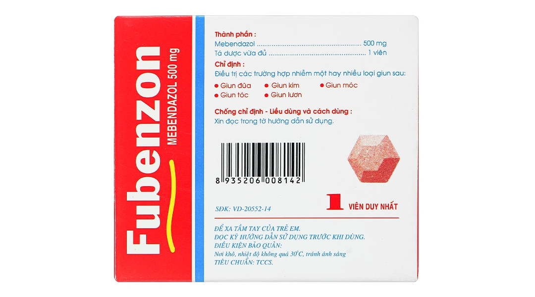 Viên nhai Fubenzon 500mg điều trị nhiễm giun các loại (1 vỉ x 1 viên) - 1
