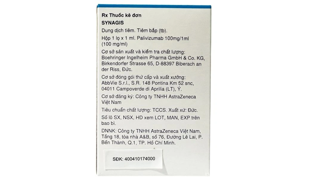 Dung dịch tiêm Synagis 100mg/1ml điều trị bệnh đường hô hấp chai 1ml - 1