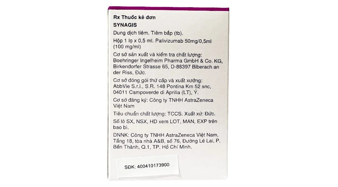 Dung dịch tiêm Synagis 50mg/0.5ml điều trị bệnh đường hô hấp chai 0.5ml - 1