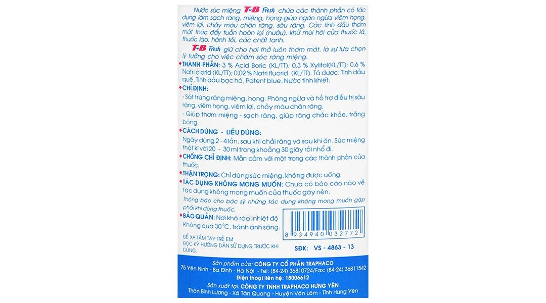 Dung dịch súc miệng TB Fresh hỗ trợ sát trùng răng miệng, điều trị sâu răng chai 500ml - 3