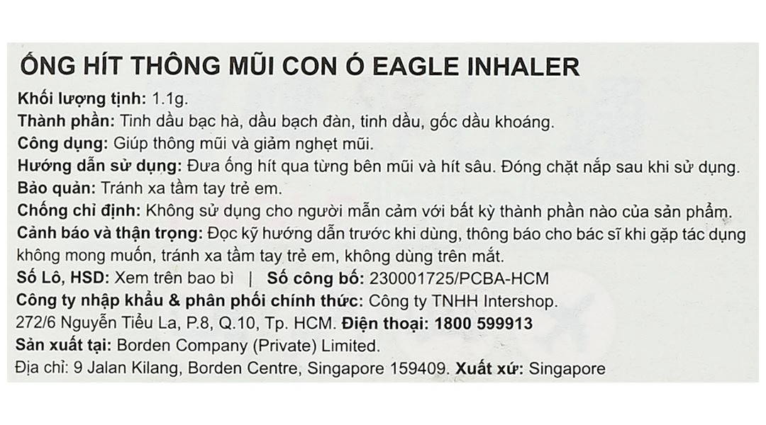 Ống hít Eagle Inhaler giúp thông mũi và giảm nghẹt mũi ống 1.1g - 5