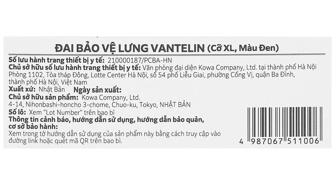 Đai lưng - cột sống Vantelin Back Support size L - 39