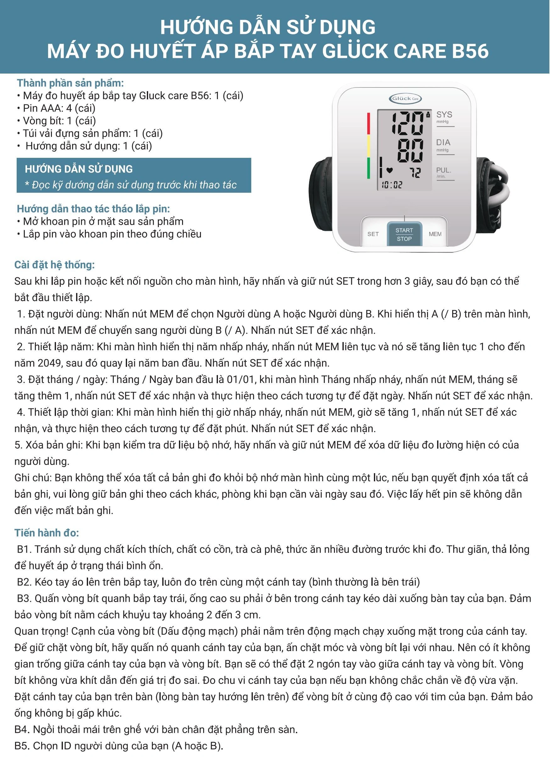 Máy đo huyết áp bắp tay Gluck Care B56 - 12