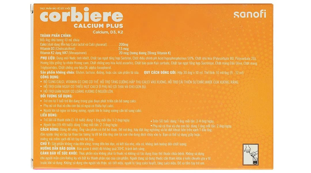 Corbiere Calcium Plus hỗ trợ tăng cường hấp thu canxi, giúp xương chắc khỏe hộp 30 ống x 10ml - 2