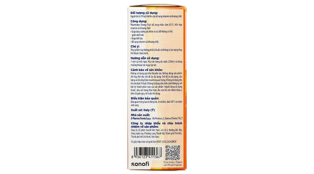 Thực phẩm bảo vệ sức khỏe Pharmaton Energy Fizzi hộp 1 tuýp x 10 viên sủi - 3