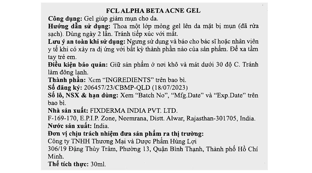 Gel Fixderma FCL Alpha Beta Acne giảm mụn, kiểm soát bã nhờn chai 30ml - 9