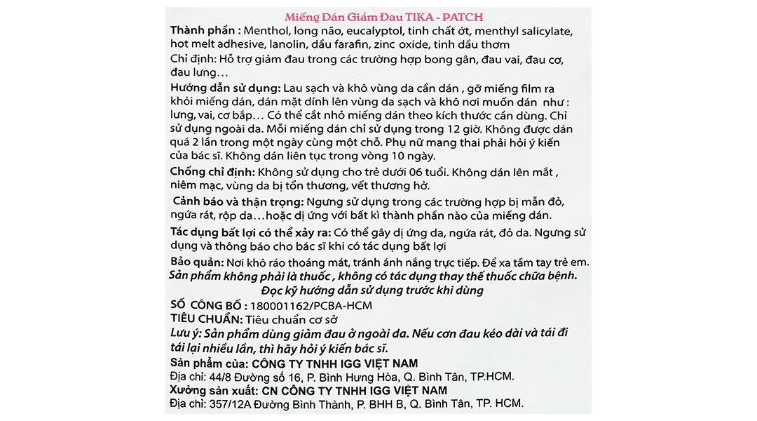 Miếng dán giảm đau Tika-Patch giảm đau cơ, xương, khớp, bong gân - 6