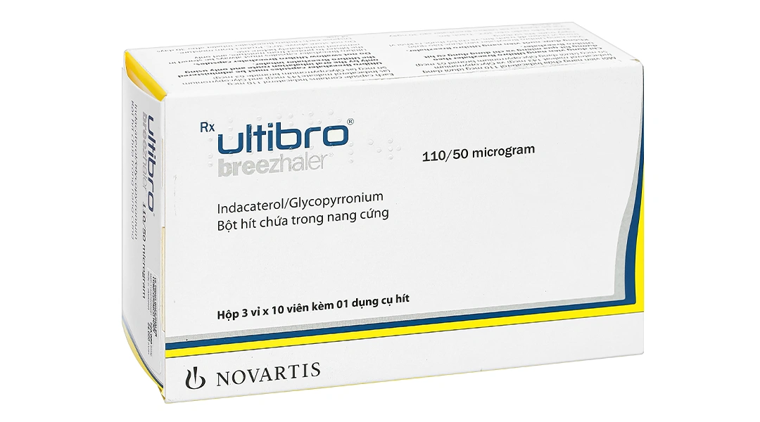 Bột hít Ultibro Breezhaler 110/50 microgram trị bệnh phổi tắc nghẽn (3 vỉ x 10 viên) - 