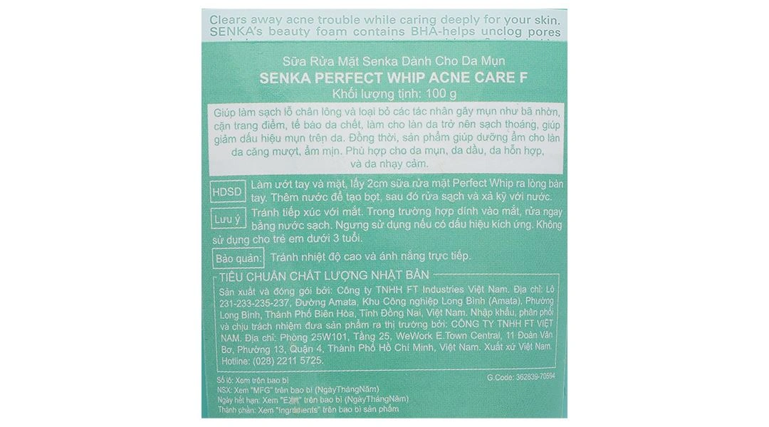 Sữa rửa mặt Senka Perfect Whip Acne Care ngừa mụn tuýp 100g - 2