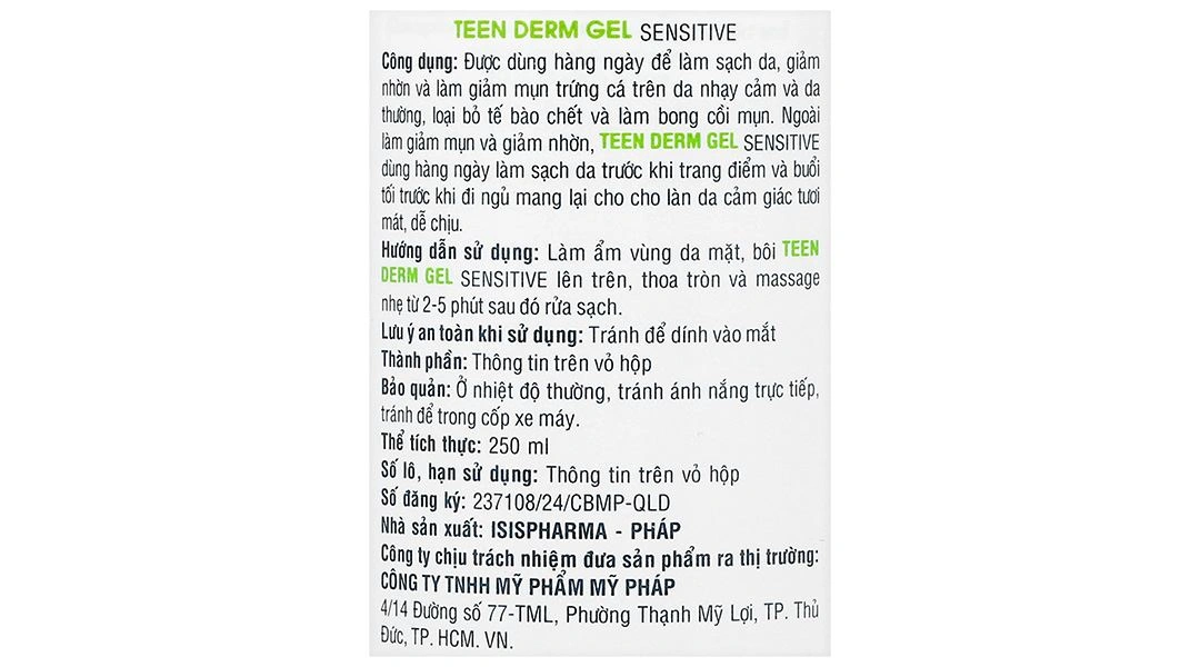 Gel rửa mặt Isis Pharma Teenderm Gel Sensitive giảm nhờn, ngừa mụn chai 250ml - 5