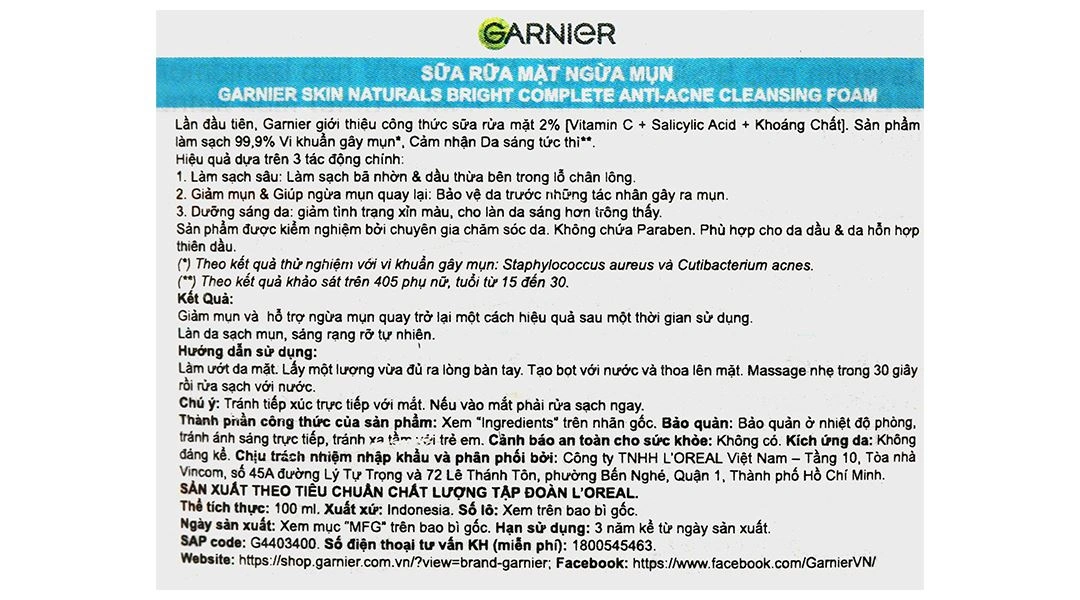 Sữa rửa mặt Garnier Skin Naturals Bright Complete Anti-Acne ngừa mụn tuýp 100ml - 3