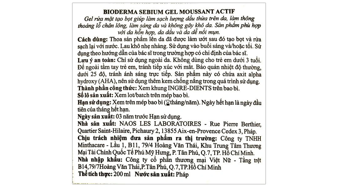 Gel rửa mặt Bioderma Sébium Gel Moussant Actif cho da hỗn hợp và da dầu tuýp 200ml - 3