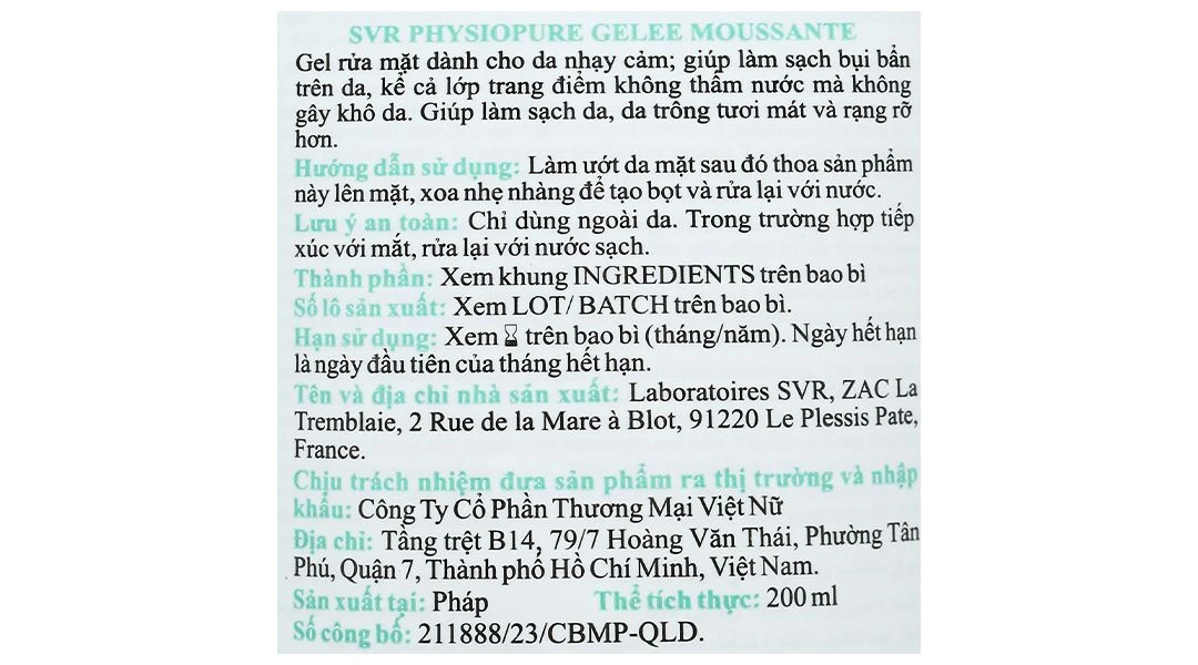 Gel rửa mặt SVR Physiopure Gelee Moussante làm sạch da cho da nhạy cảm tuýp 200ml - 2
