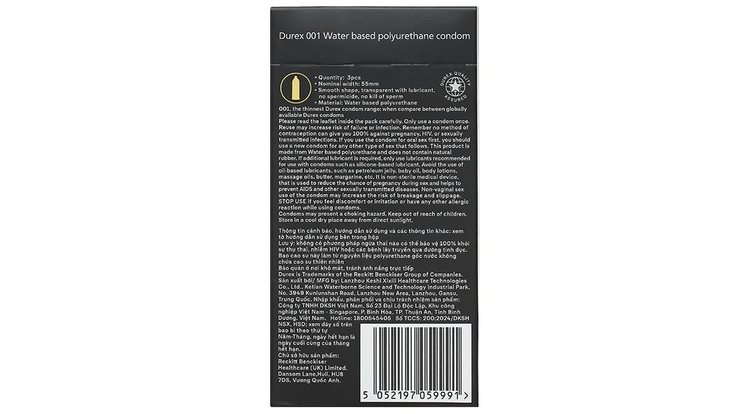 Bao cao su Durex 001 siêu mỏng 55mm hộp 3 cái - 2