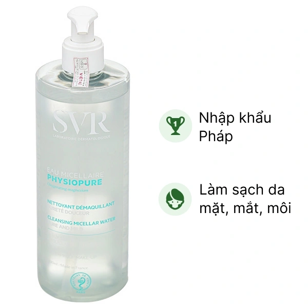 Nước tẩy trang SVR Physiopure Eau Micellaire làm sạch da mặt, mắt, môi