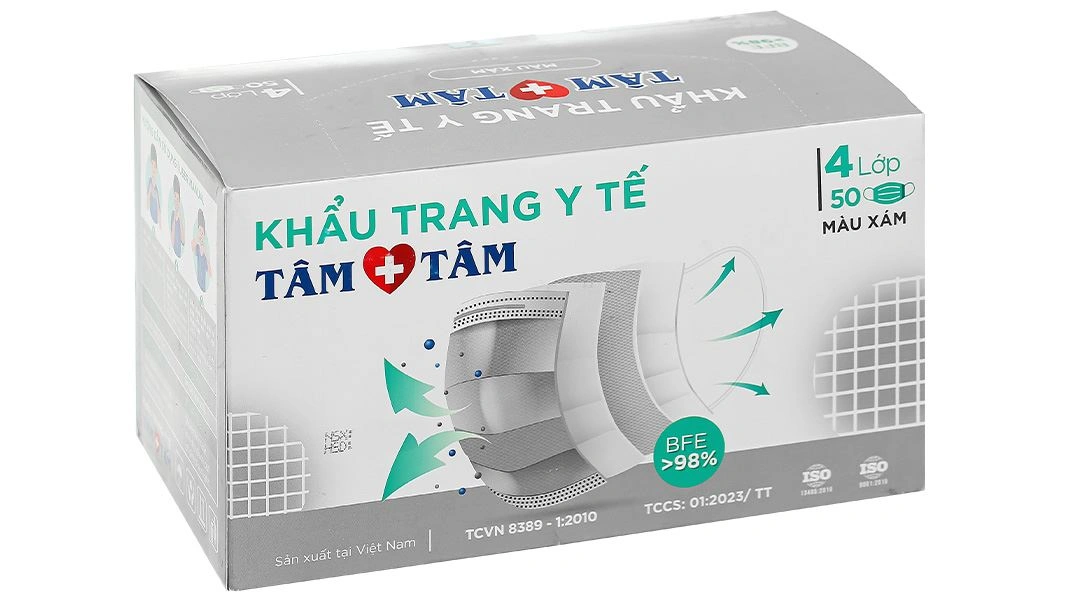 Khẩu trang y tế Tâm Tâm 4 lớp màu xám hộp 50 cái - 