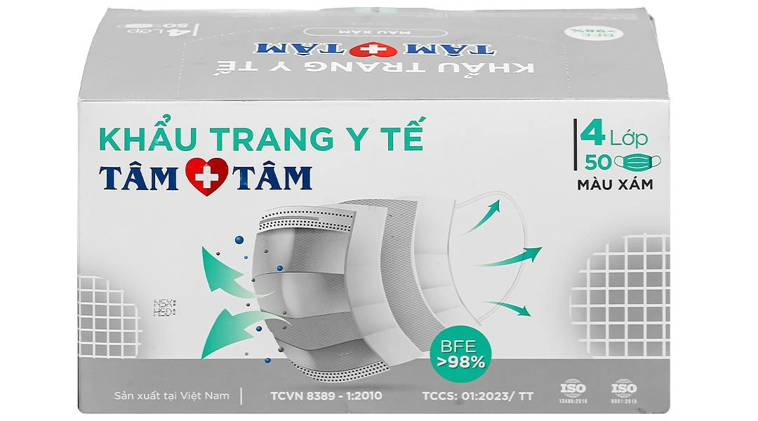 Khẩu trang y tế Tâm Tâm 4 lớp màu xám hộp 50 cái - 1