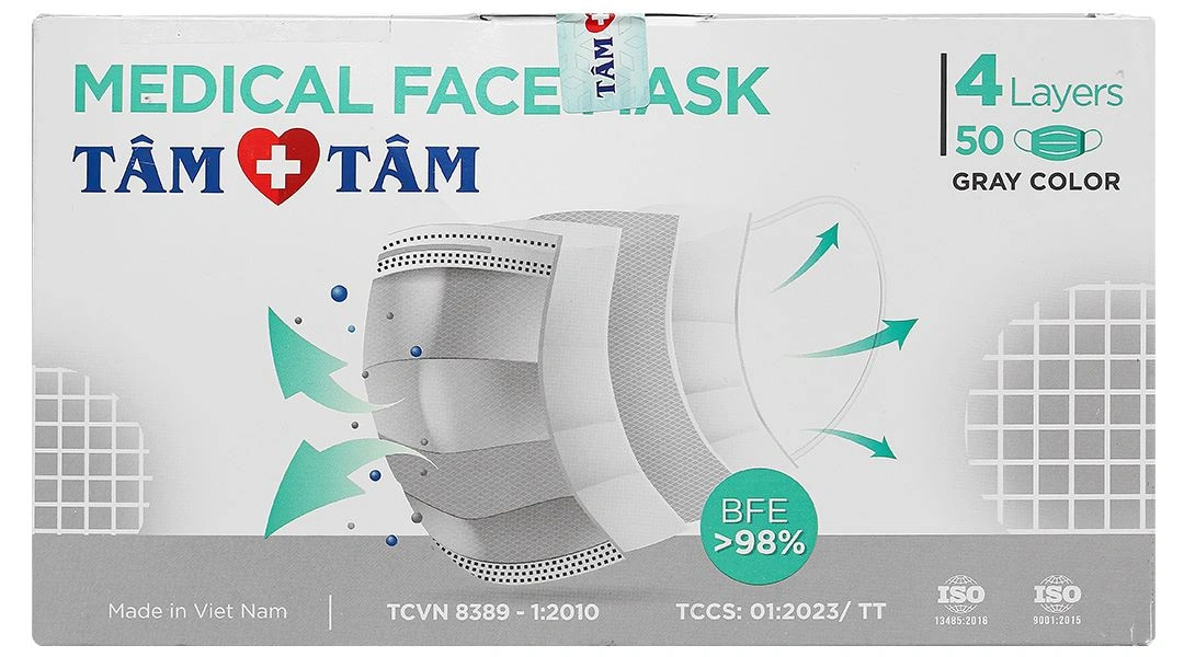 Khẩu trang y tế Tâm Tâm 4 lớp màu xám hộp 50 cái - 3