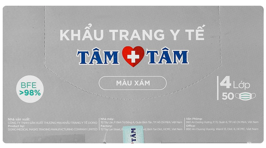 Khẩu trang y tế Tâm Tâm 4 lớp màu xám hộp 50 cái - 4