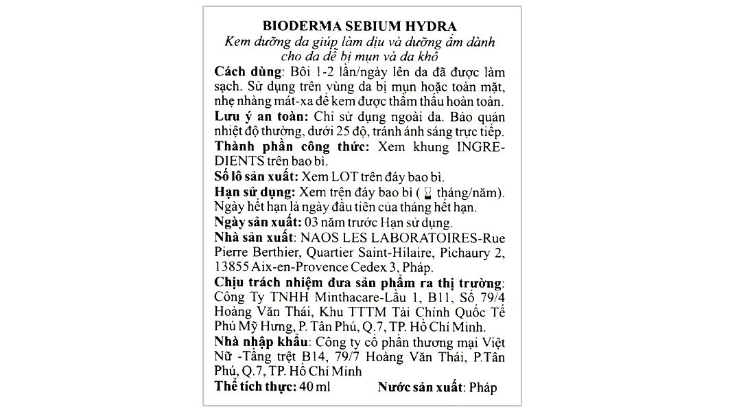 Kem Bioderma Sébium Hydra dưỡng ẩm chuyên sâu, giảm mẩn đỏ tuýp 40ml - 6
