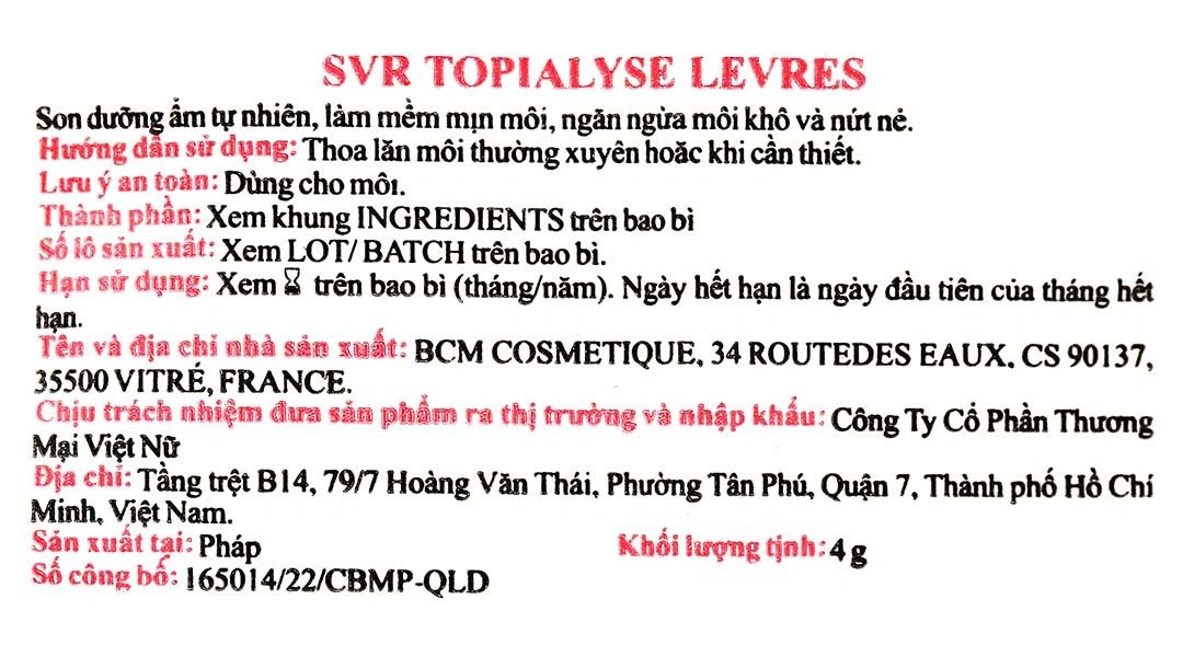 Son dưỡng SVR Topialyse Levres làm mềm mịn môi, ngăn ngừa môi khô, nứt nẻ thỏi 4g - 7