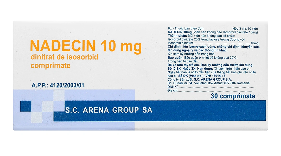 Nadecin 10mg điều trị đau thắt ngực, suy tim sung huyết (3 vỉ x 10 viên) - 1