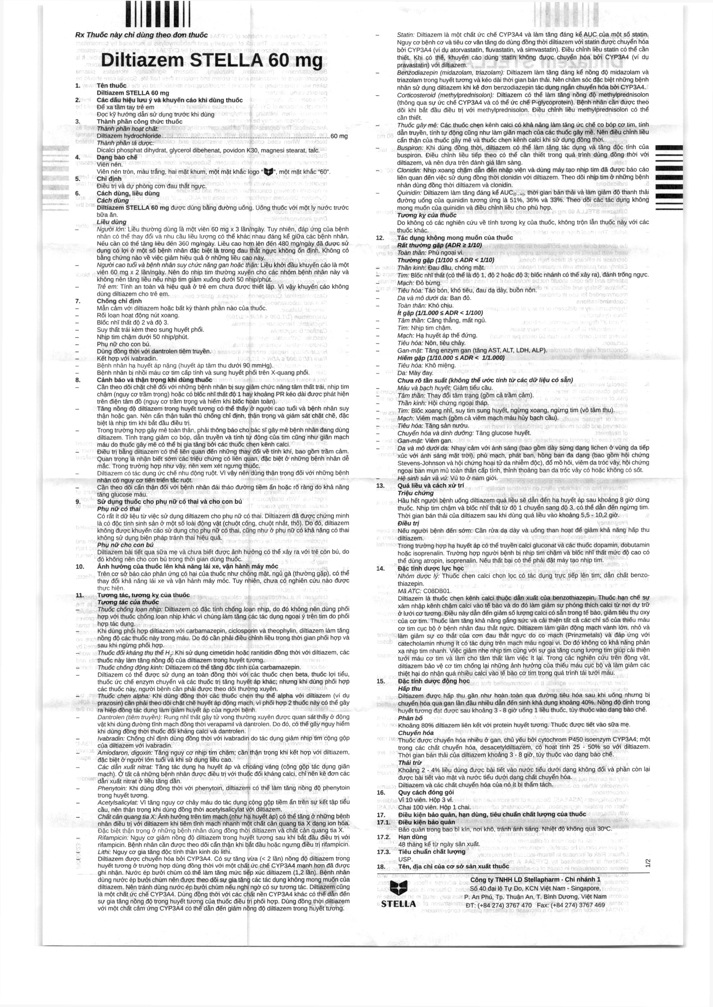 Diltiazem Stella 60mg trị và dự phòng đau thắt ngực (3 vỉ x 10 viên) - 6