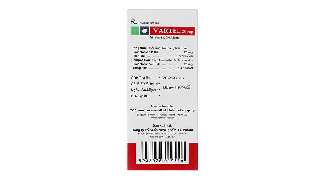 Vartel 20mg điều trị triệu chứng đau thắt ngực (2 vỉ x 30 viên) - 1