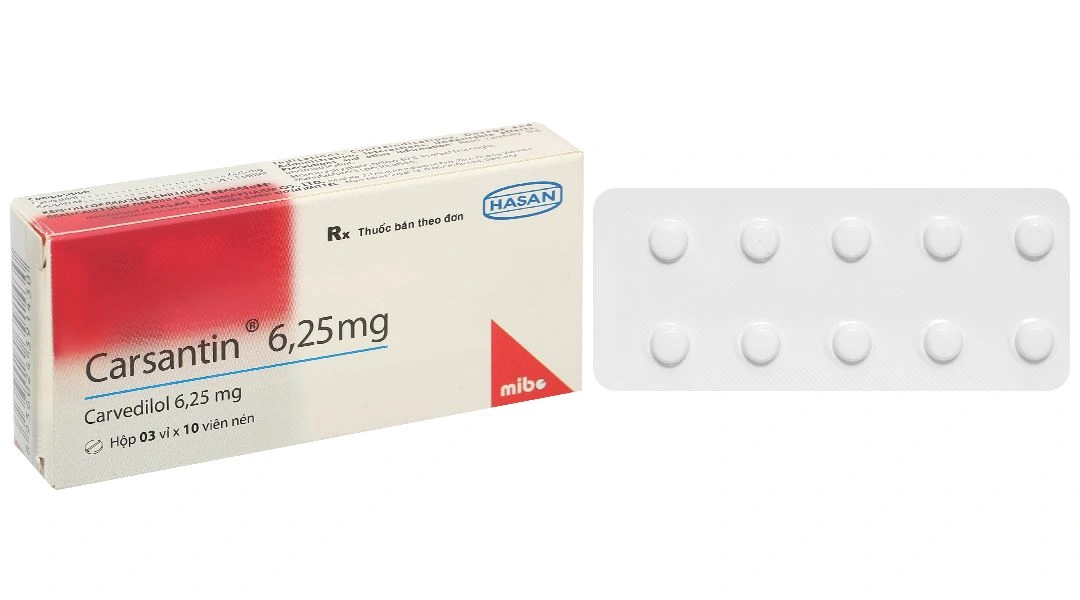 Carsantin 6.25mg điều trị tăng huyết áp, đau thắt ngực (3 vỉ x 10 viên) - 
