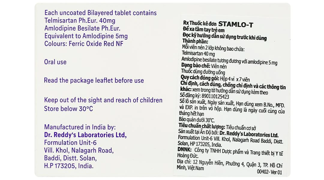Stamlo-T 40/5mg điều trị tăng huyết áp vô căn (4 vỉ x 7 viên) - 2