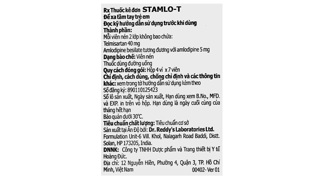 Stamlo-T 40/5mg điều trị tăng huyết áp vô căn (4 vỉ x 7 viên) - 7
